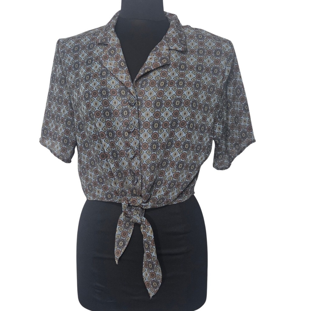 Vintage Jessica Ash Geometric Tie Front Cropped Button Up Blouse Top‎ Size M / L